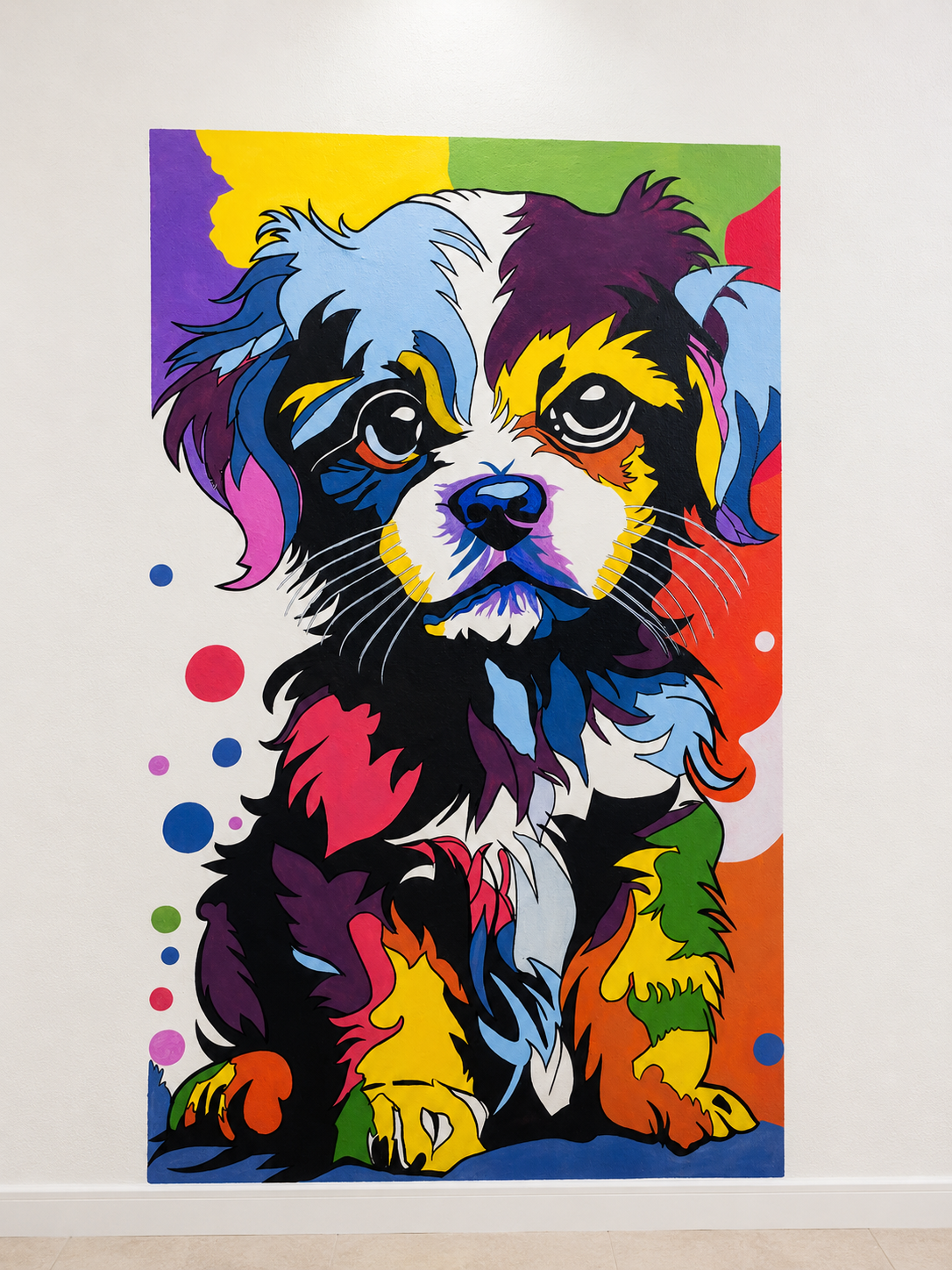 Vibrant pop-art puppy mural in bold colours